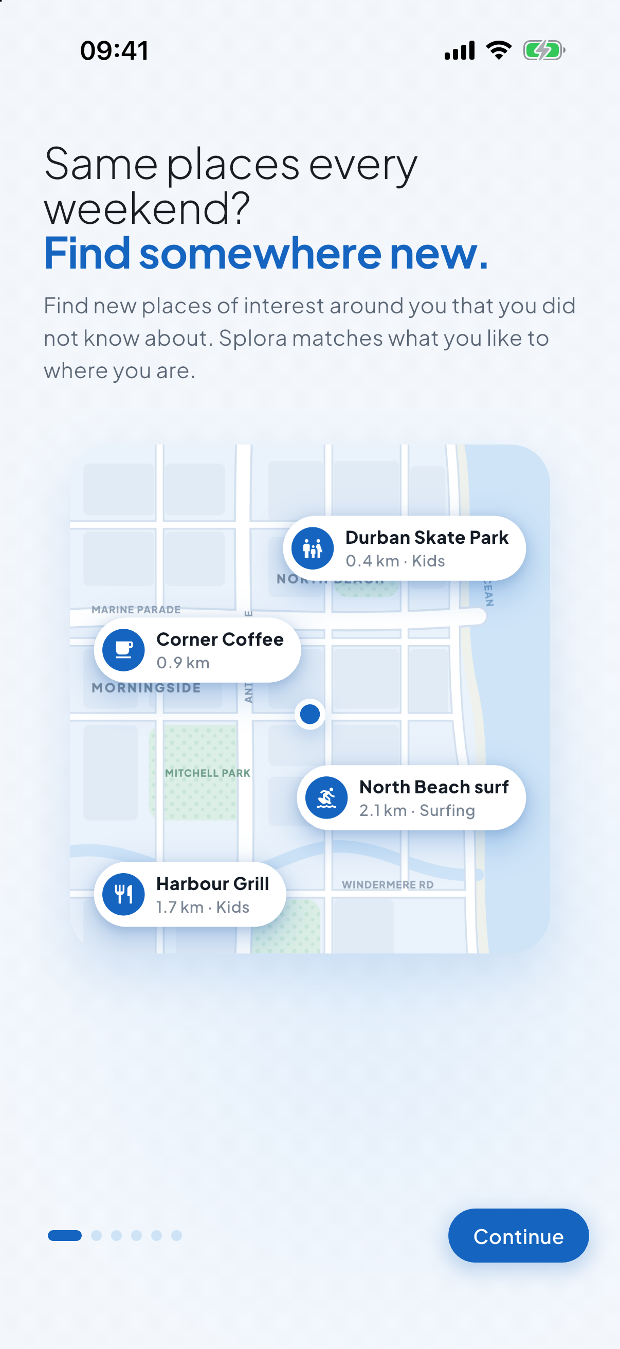 Splora showing places appearing around you on a Durban map