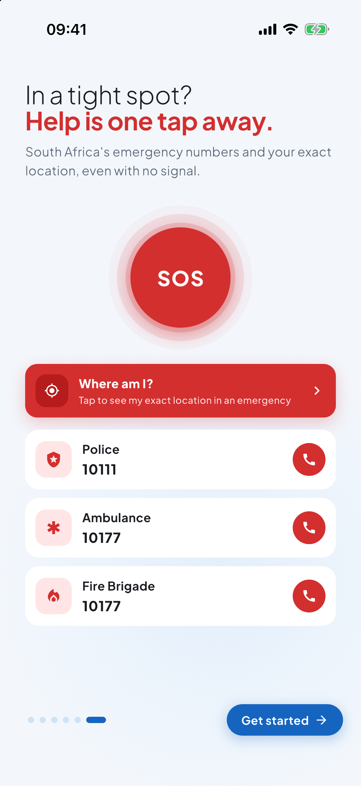 Splora SOS screen with the national emergency numbers